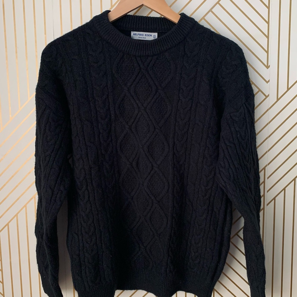 Aelfric Eden Retro 90s Cable Knit Fisherman Sweater ribbed hems black Small S - Picture 7 of 11